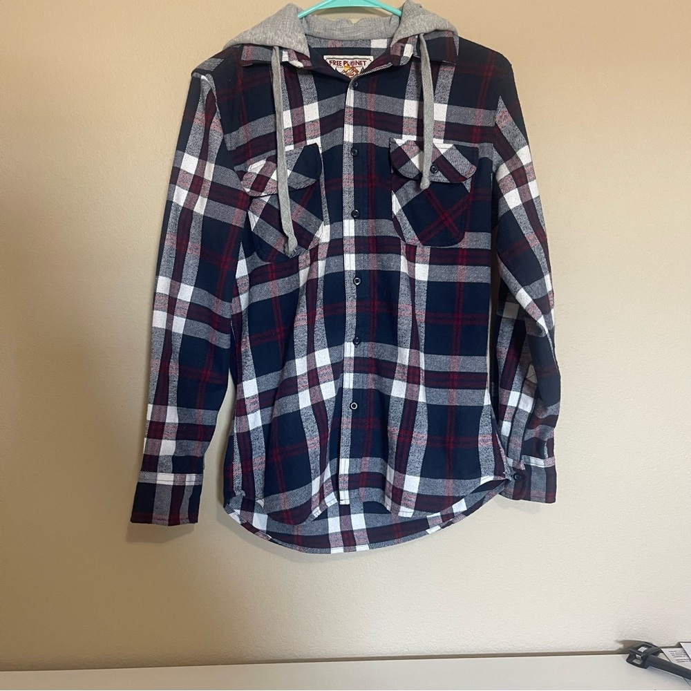 Free Planet Navy and Red Plaid Hooded Shirt